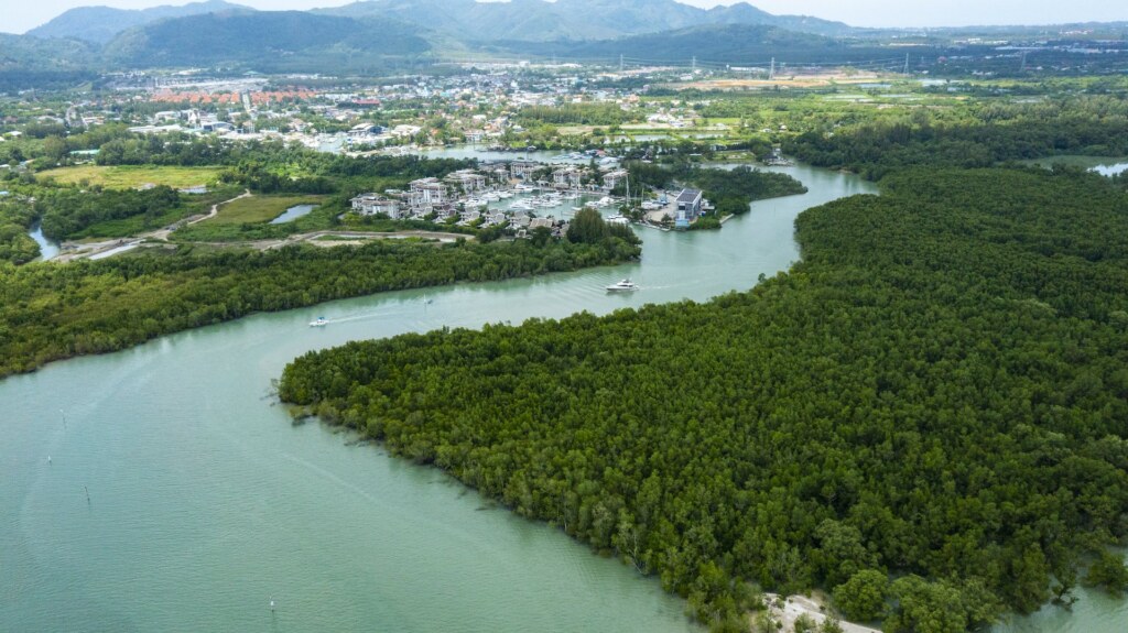 Mangrove-lined entrance channel at Royal Phuket Marina, seen from the air