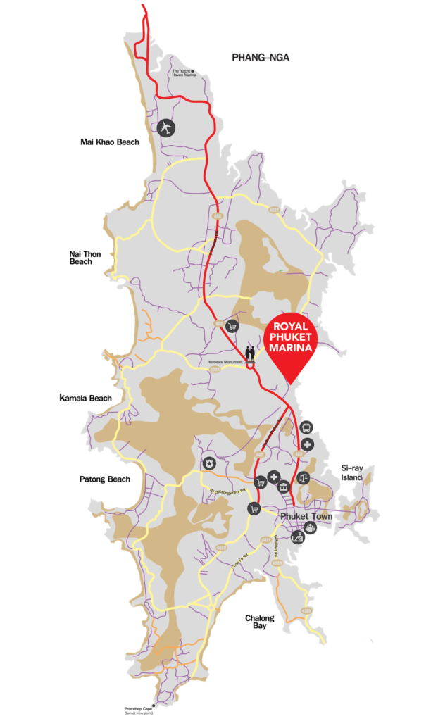 Map of Phuket showing the location of Royal Phuket Marina