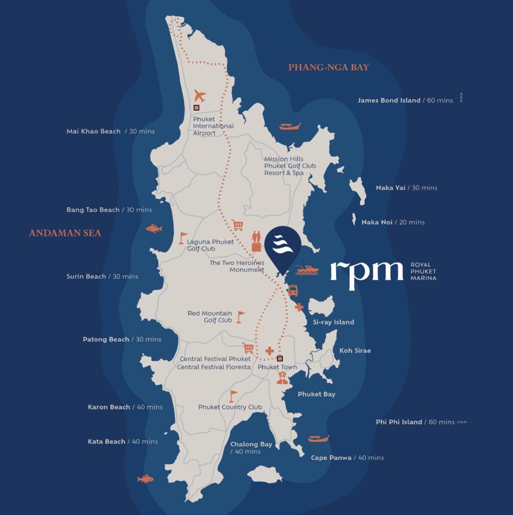 Location map showing Royal Phuket Marina on the east coast of Phuket